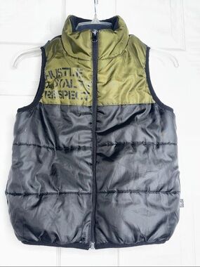 Olive Green and Black Puffer Vest - Front Zip